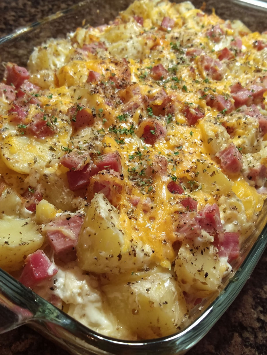 A close up of a cheesy ham potato casserole.