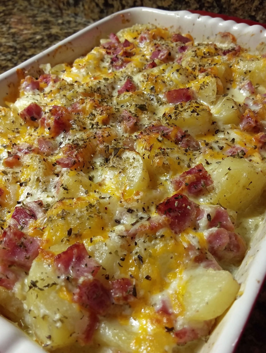 A cheesy ham potato casserole in a white dish.