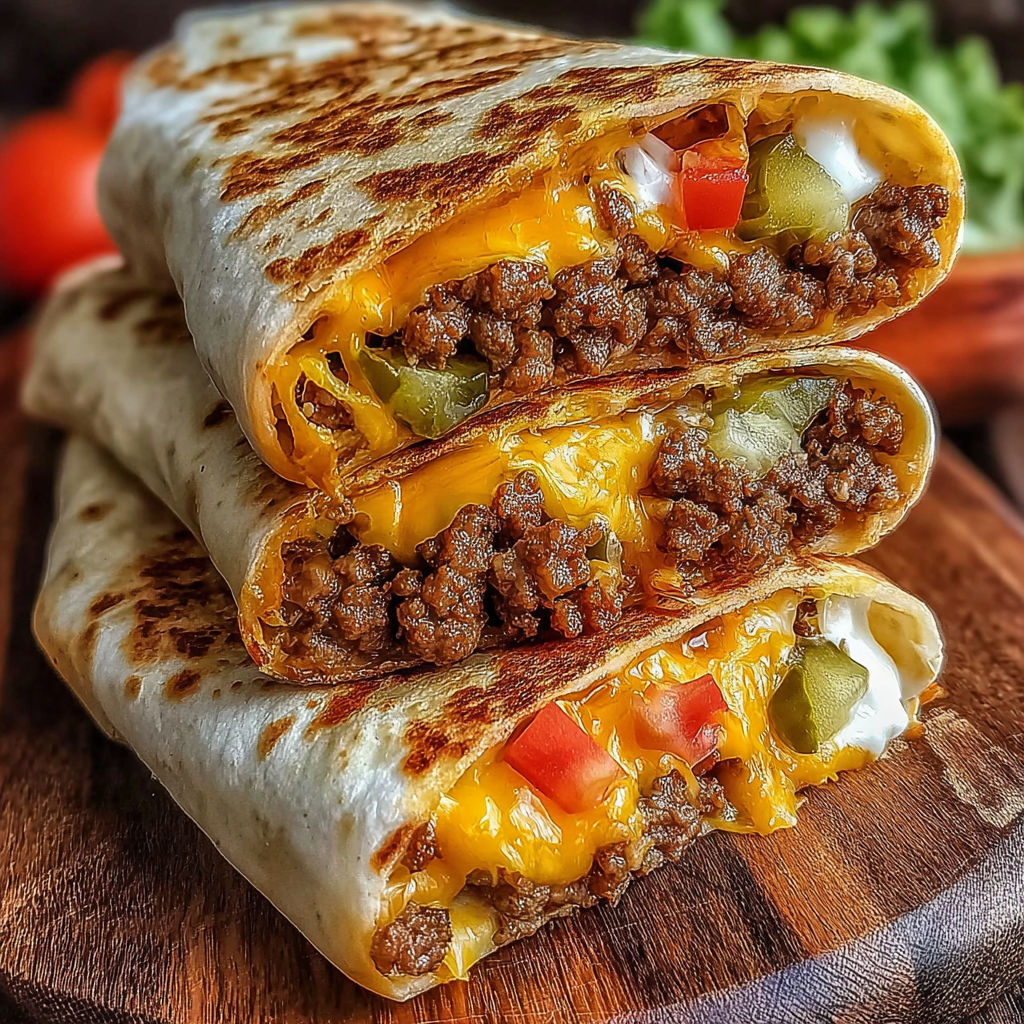 Two cheeseburger wraps on a wooden cutting board.
