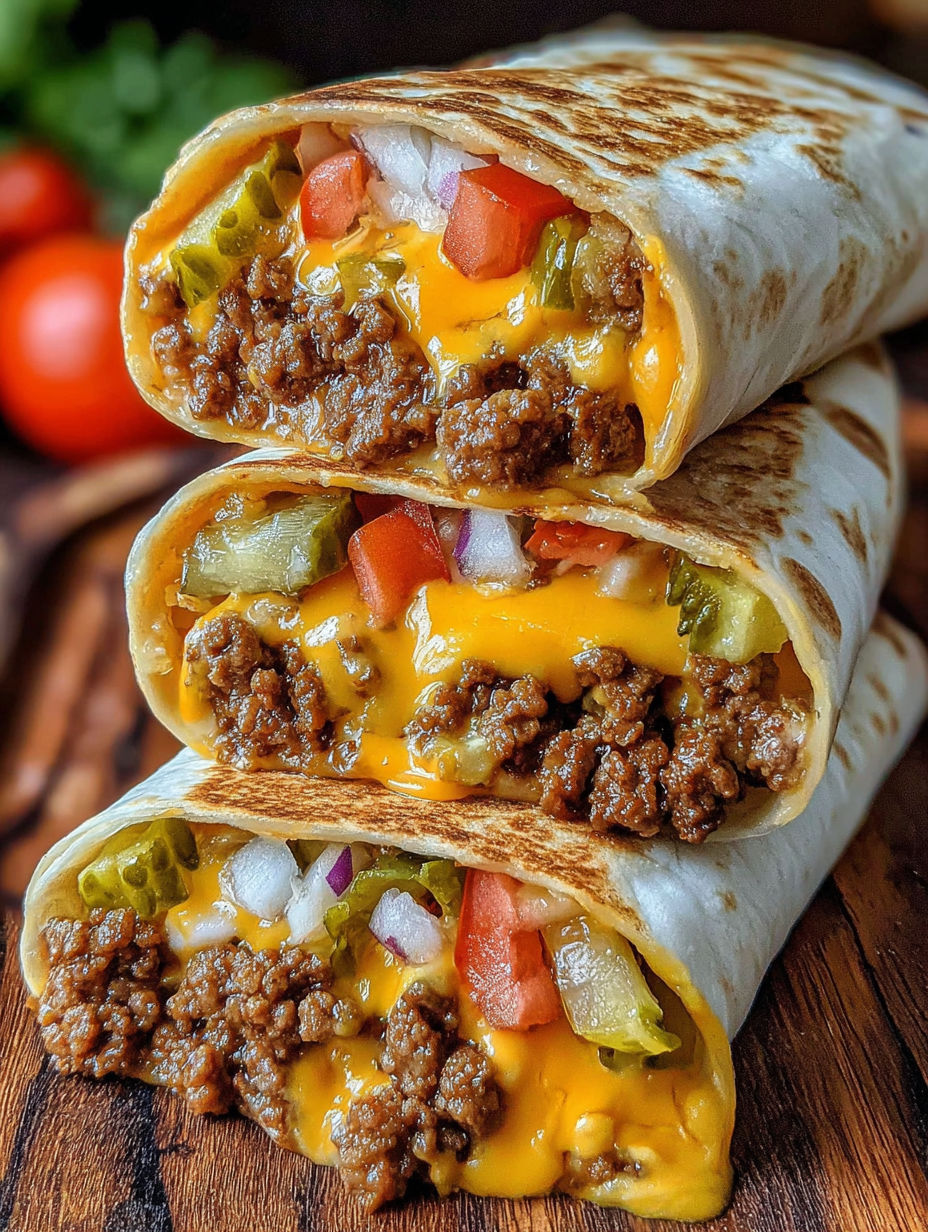 Three cheeseburger wraps with tomatoes and onions.