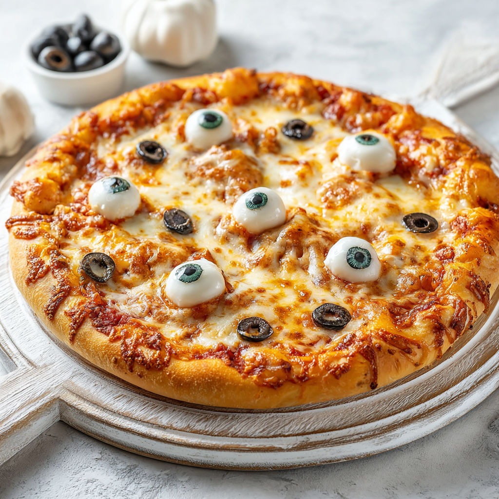 A pizza with monster eyeball toppings.