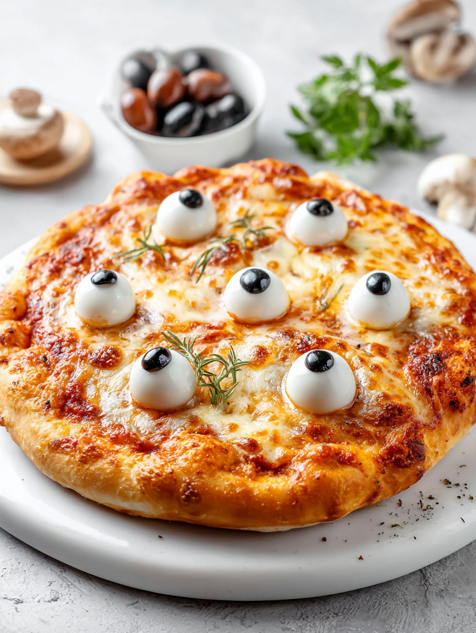 A pizza with eyeballs on it.