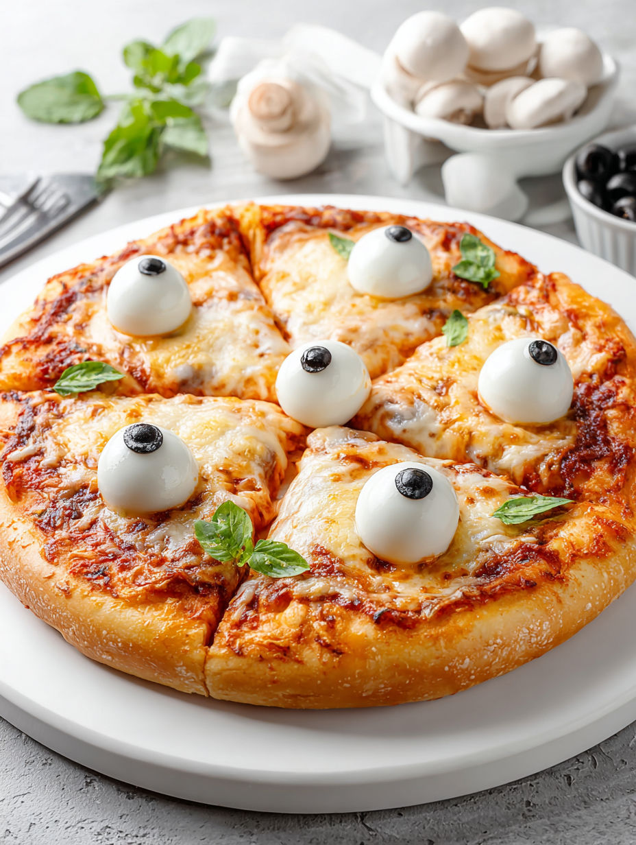 A pizza with monster eyeball toppings.