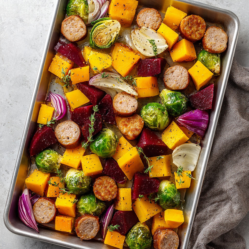 A pan of roasted vegetables and sausage.