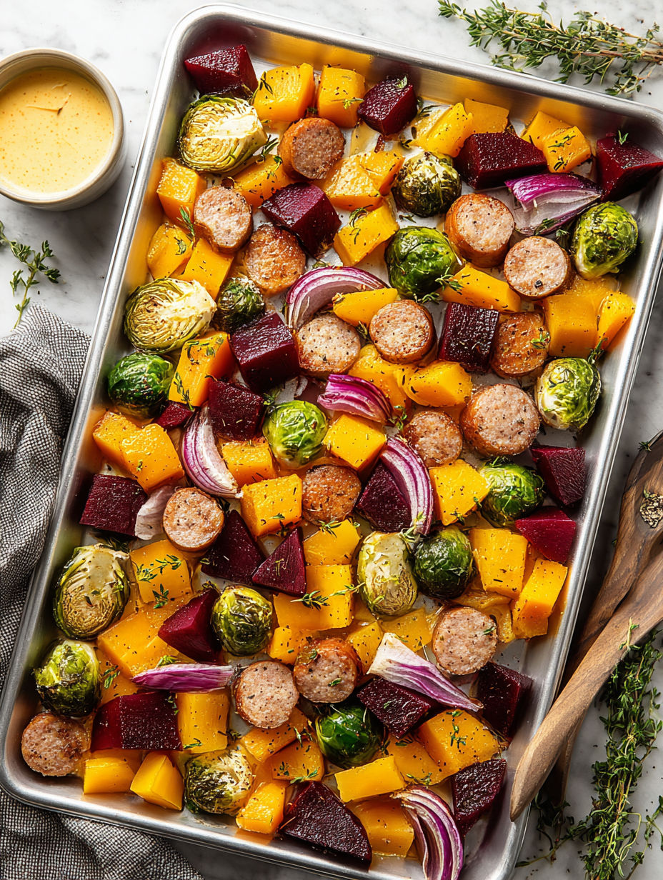A pan of roasted vegetables and sausage.