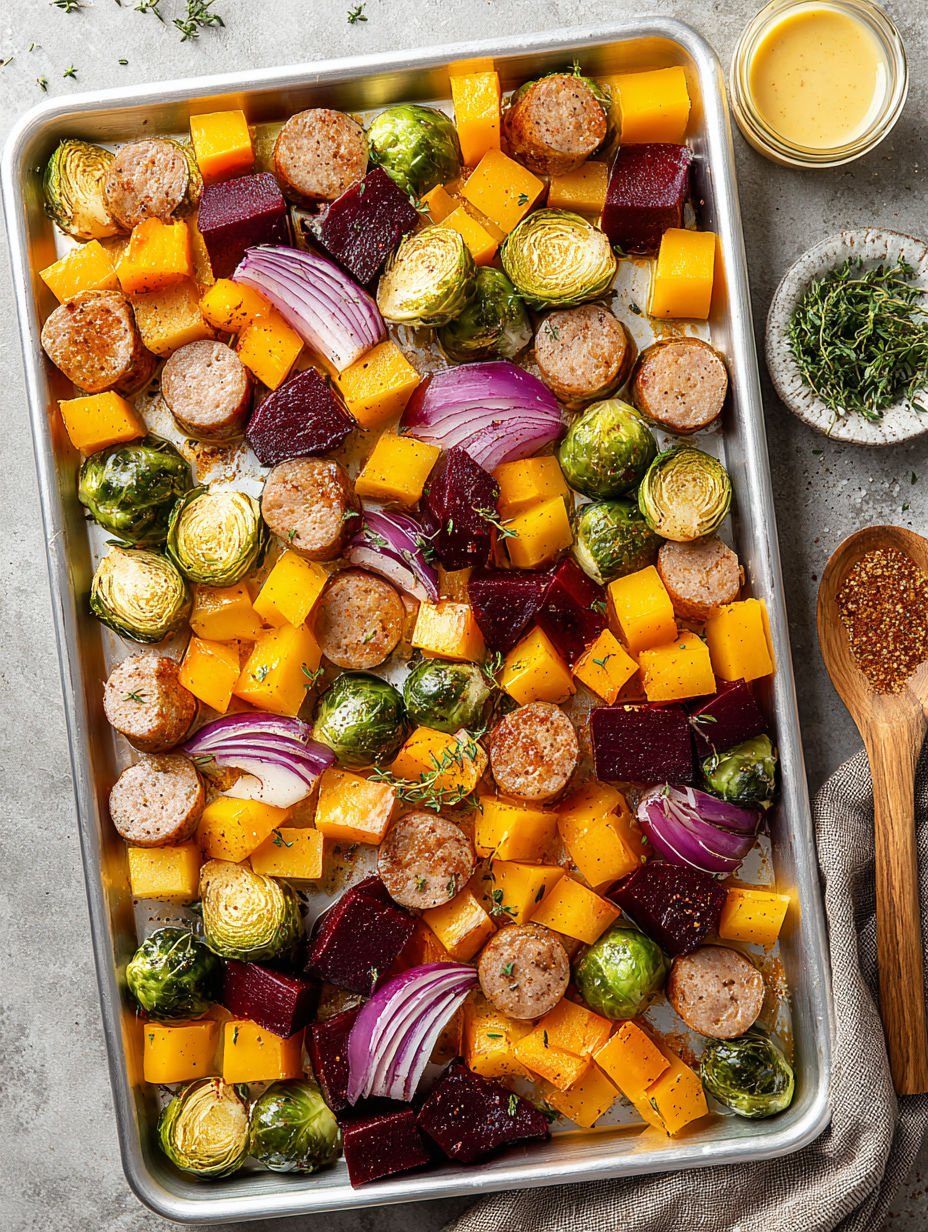 A roasted harvest sheet pan dinner with a variety of vegetables and sausage.