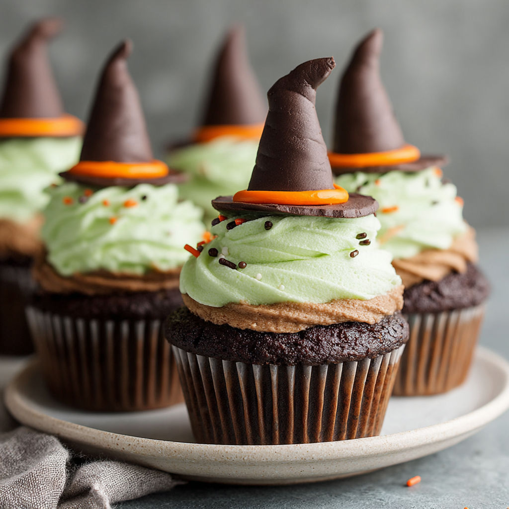 A plate of cupcakes with witch hats on top.