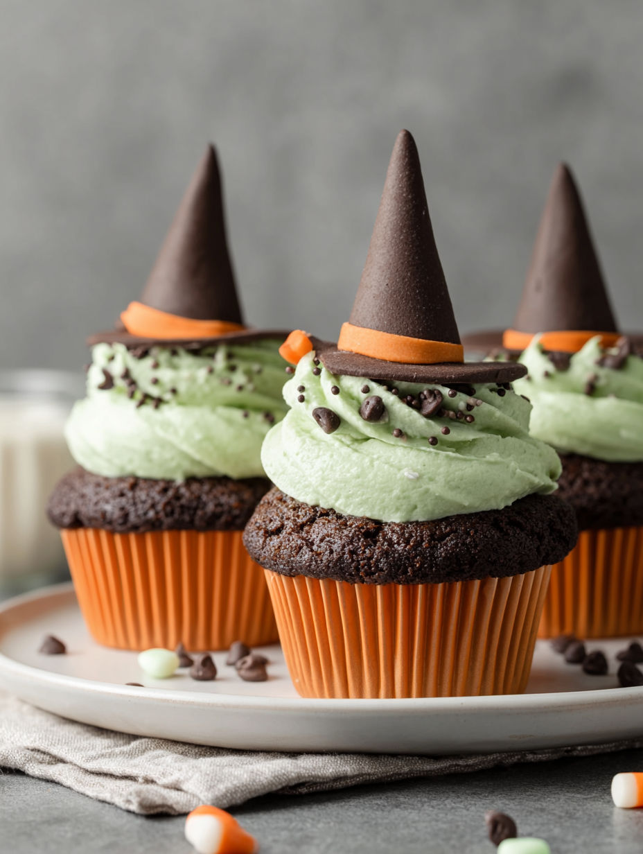Three cupcakes with wicked witch hats on top.