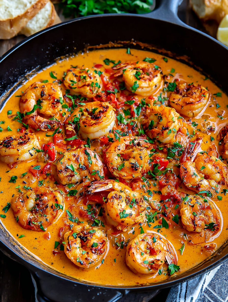 A pan of shrimp with a red sauce.
