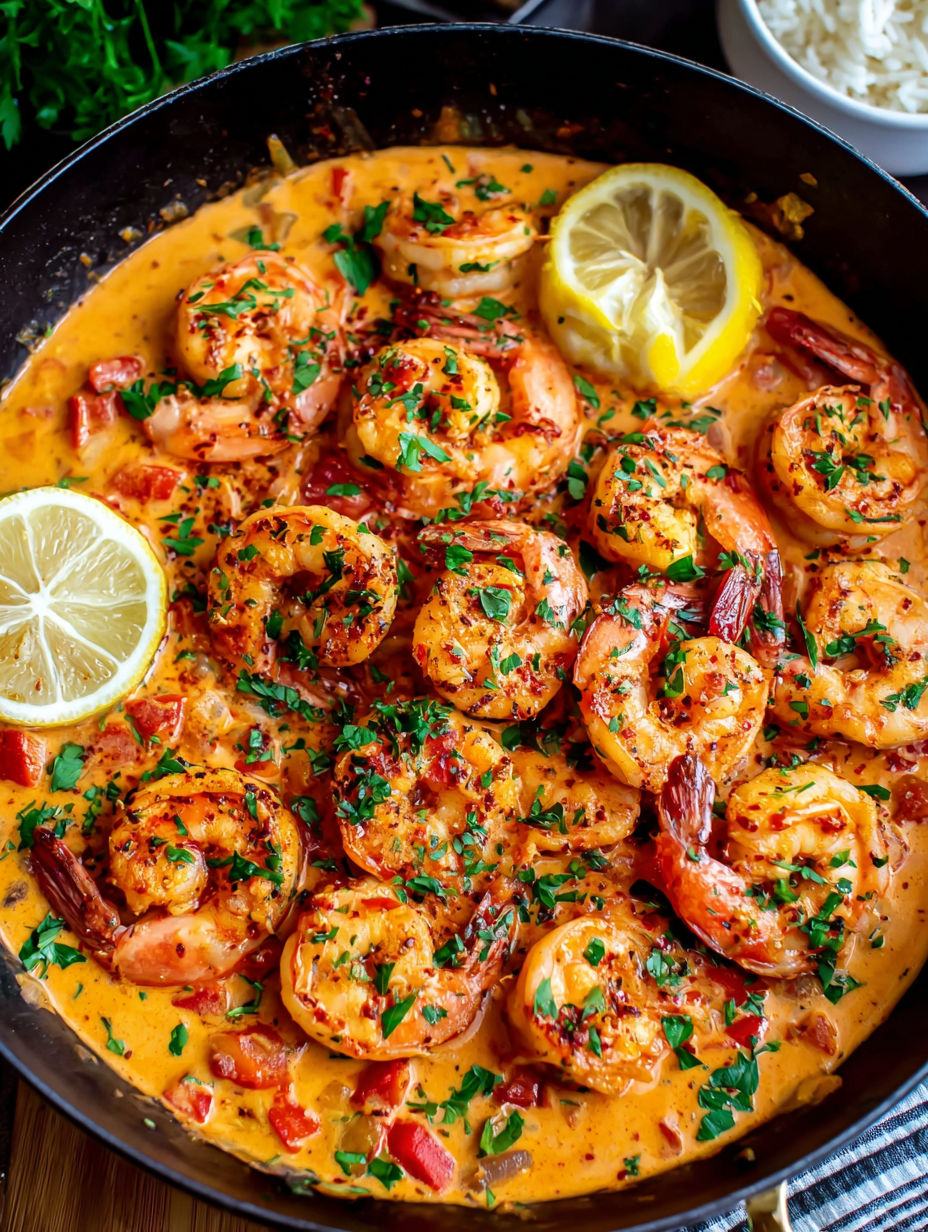 A bowl of shrimp with lemon and herbs.