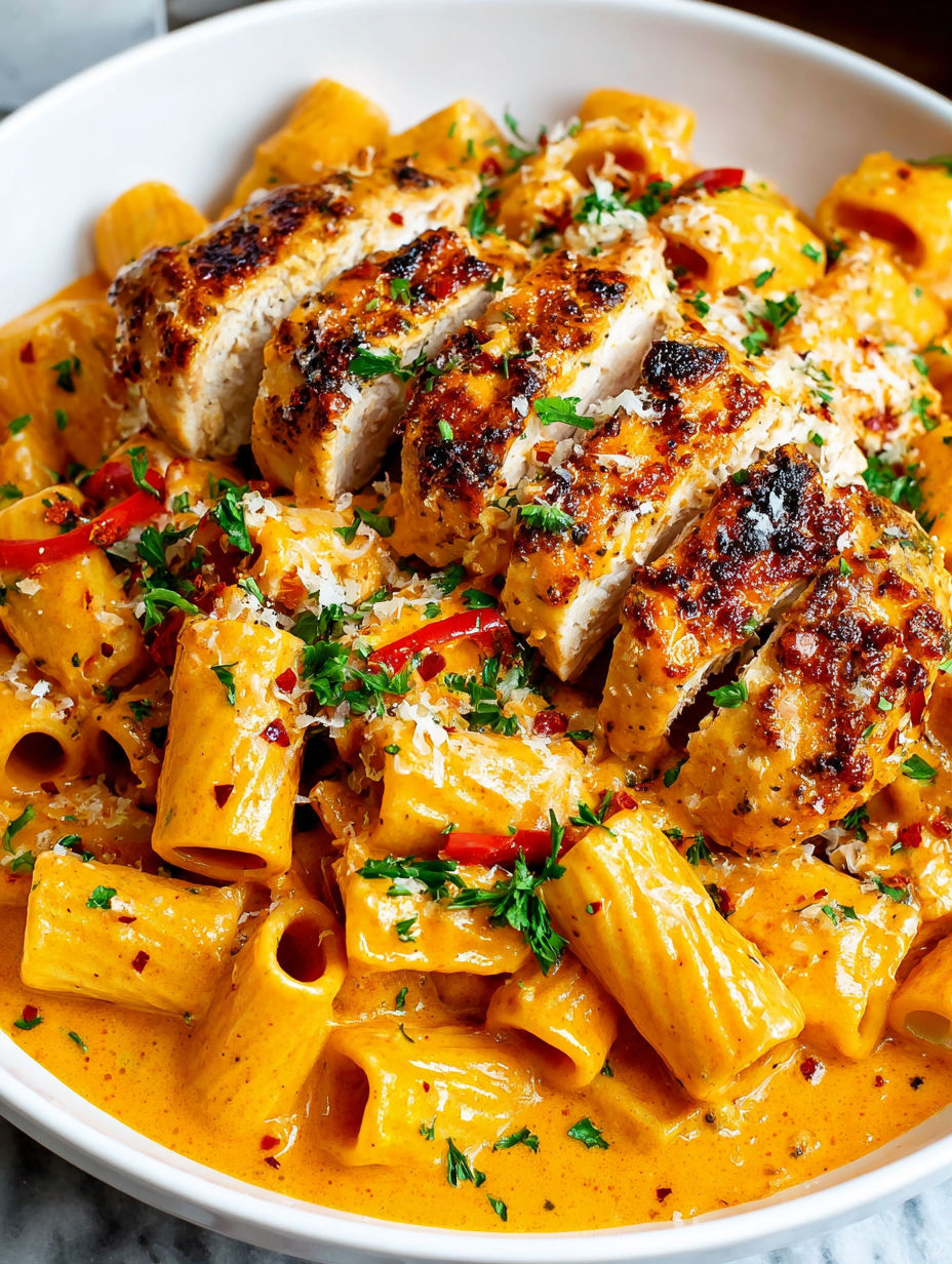 A plate of pasta with chicken and cheese.