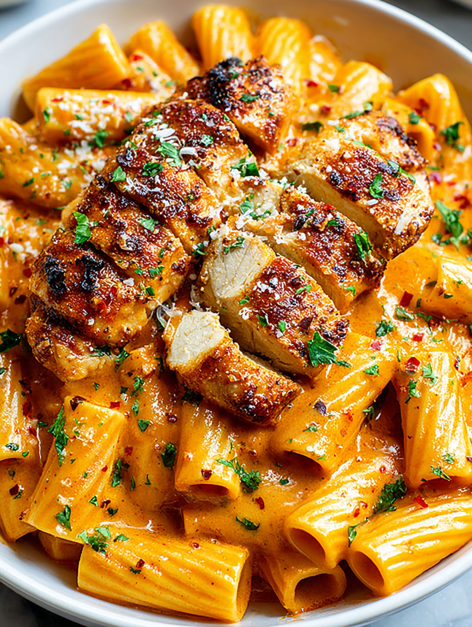 A plate of pasta with chicken and sauce.