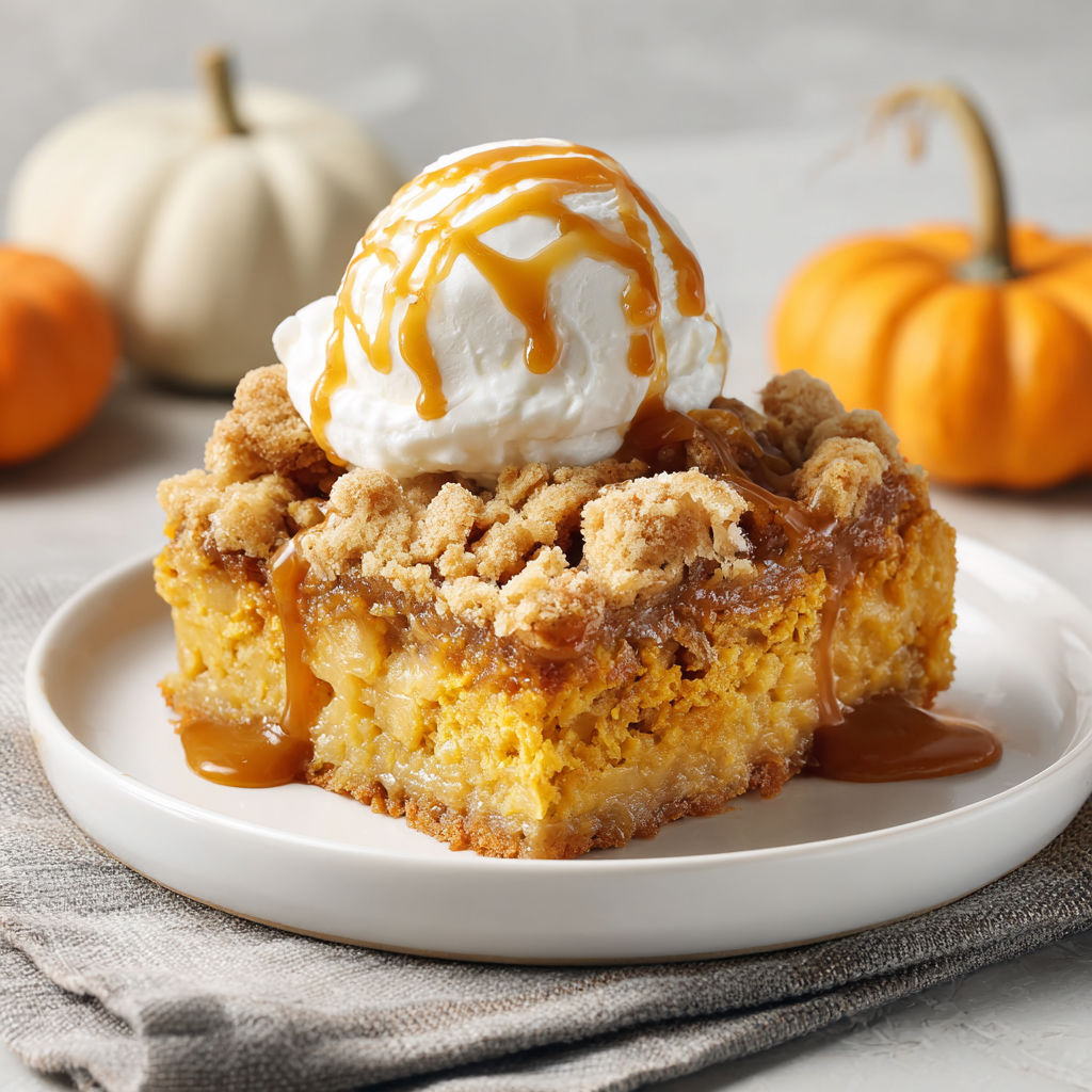 A slice of pumpkin dump cake with a scoop of ice cream on top.