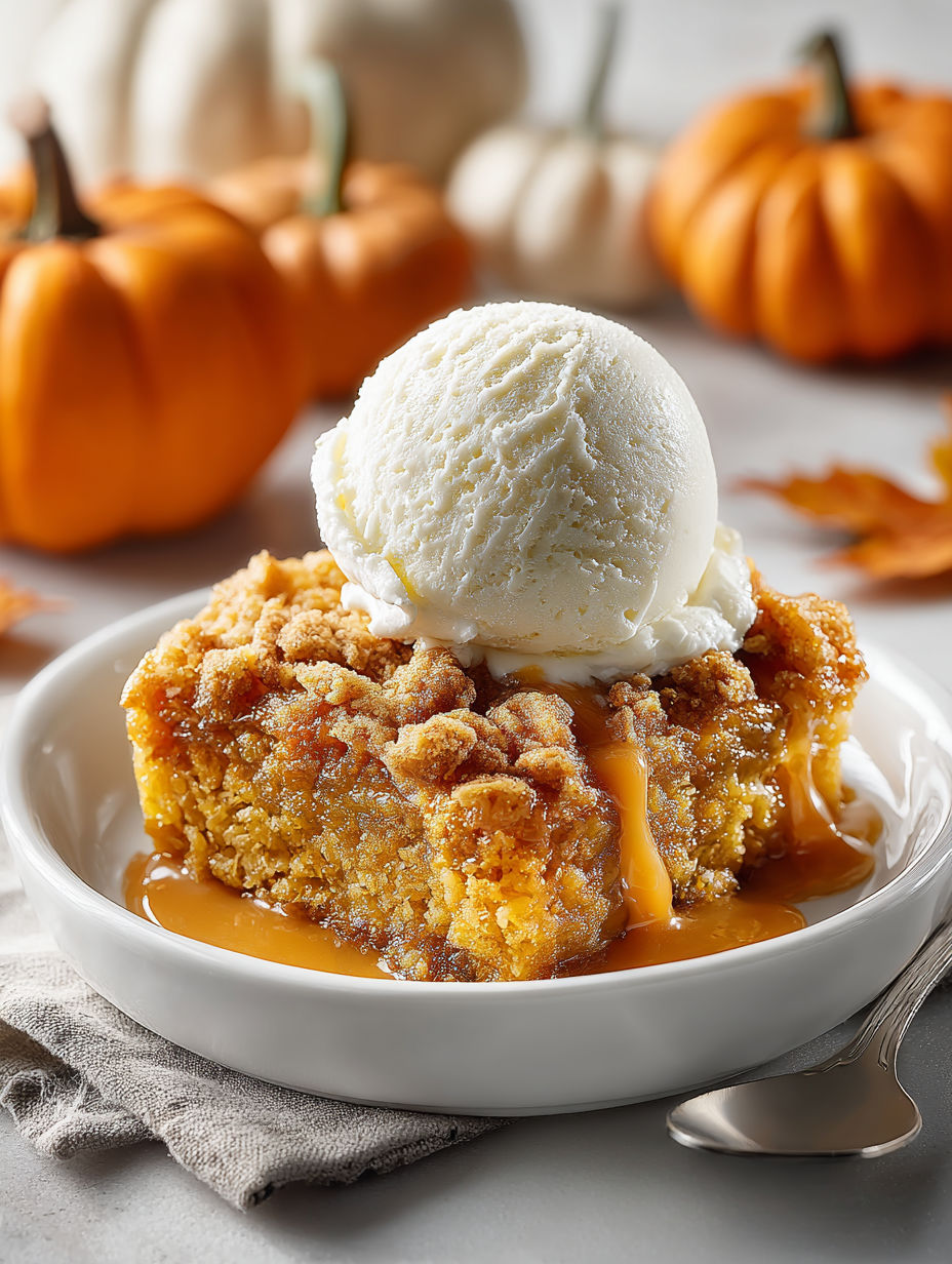 A slice of pumpkin dump cake with a scoop of ice cream on top.