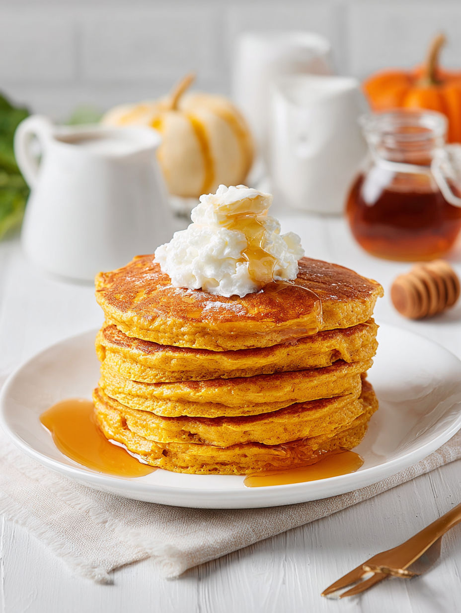Fluffy pumpkin pancakes with whipped cream.