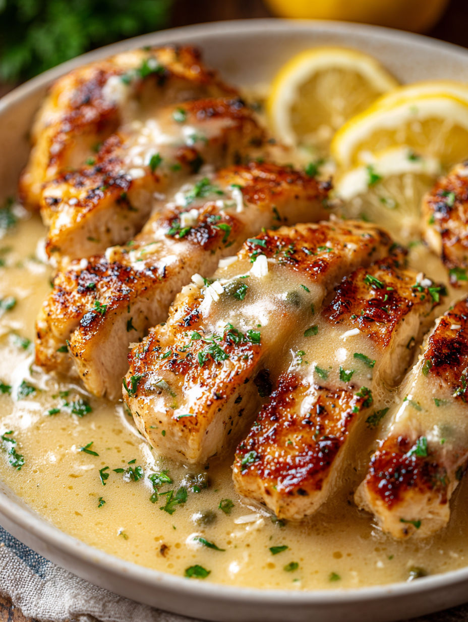 A plate of chicken scallopini with lemon wedges on the side.