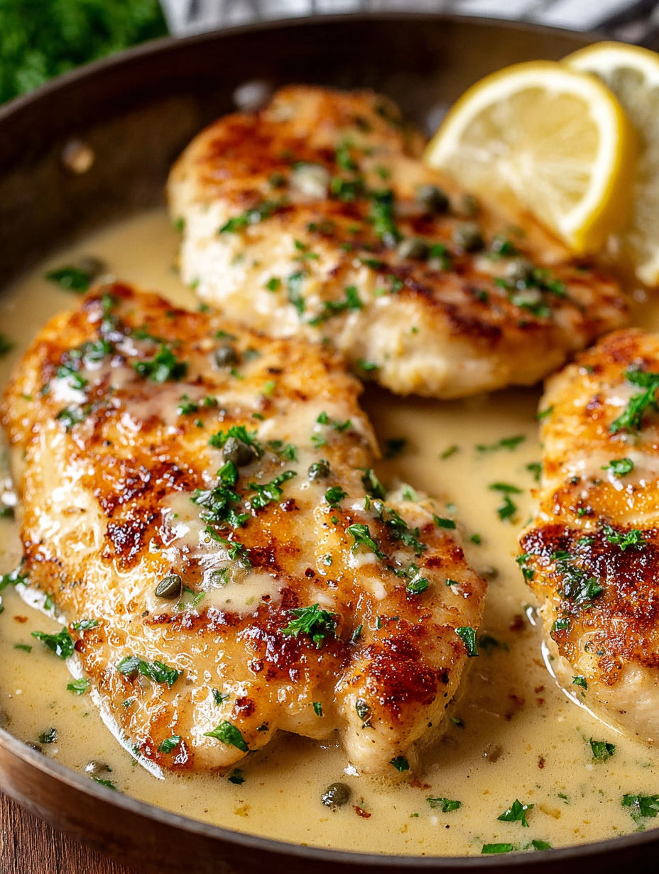 Chicken scallopini with lemon and herbs.