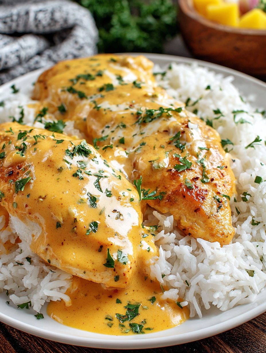 A plate of chicken with a creamy sauce.