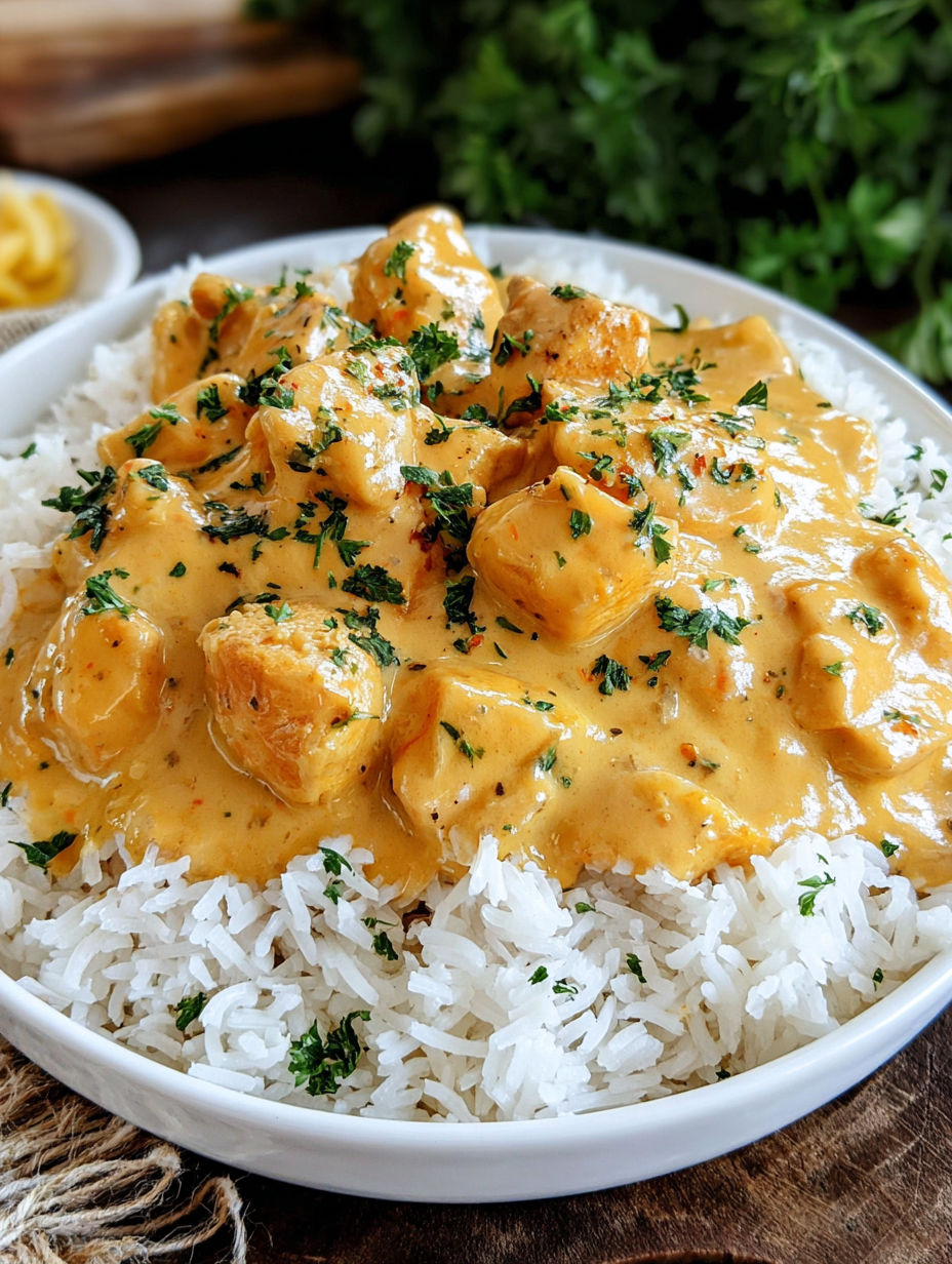 A bowl of rice with chicken and sauce.