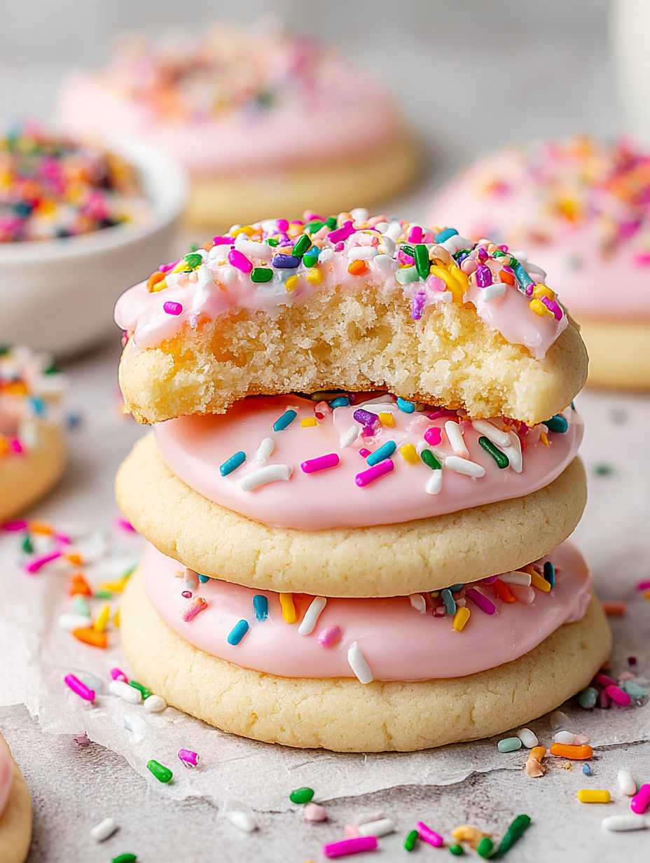 A stack of frosted sugar cake cookies.