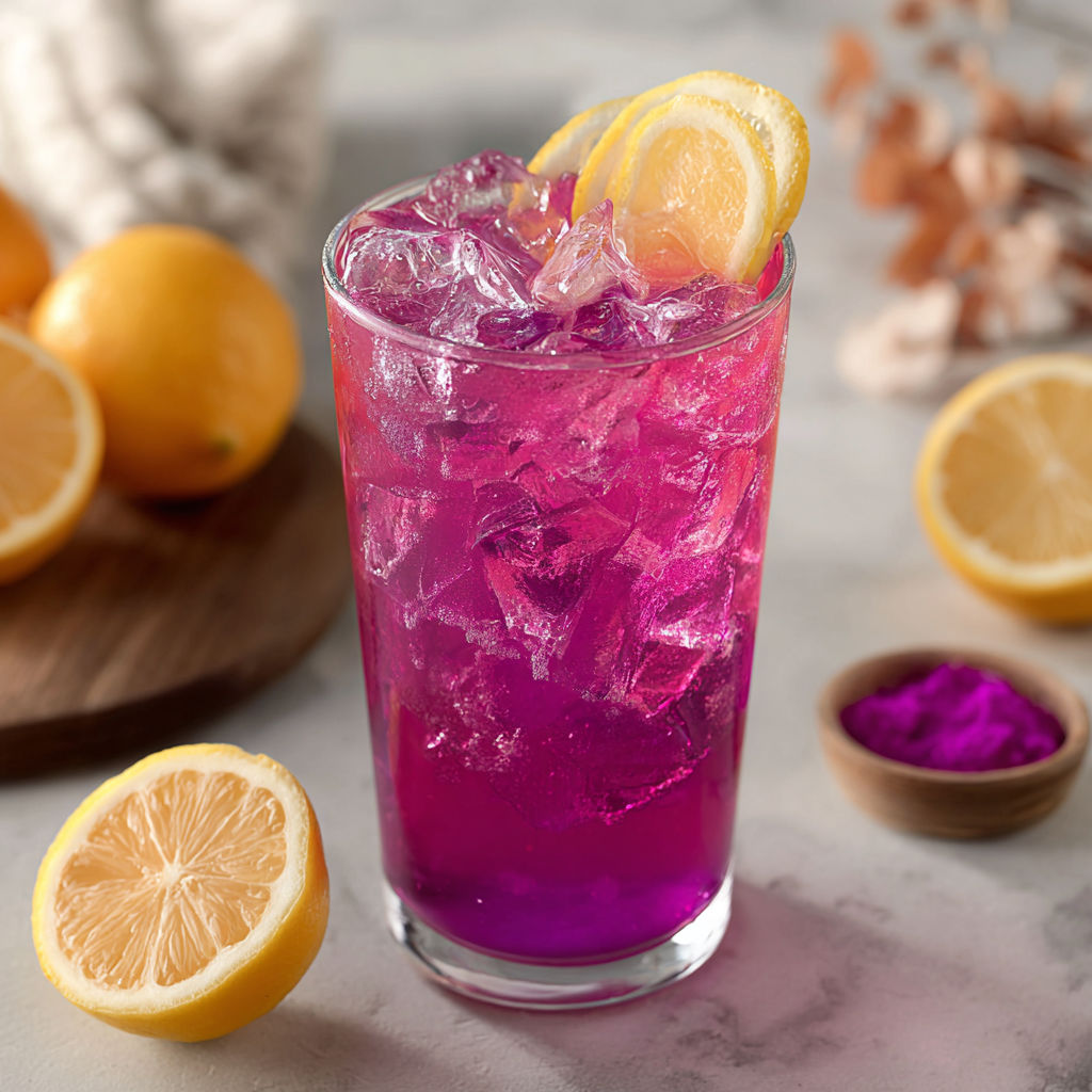 A glass of Witch's Sparkle Lemonade with a slice of lemon.