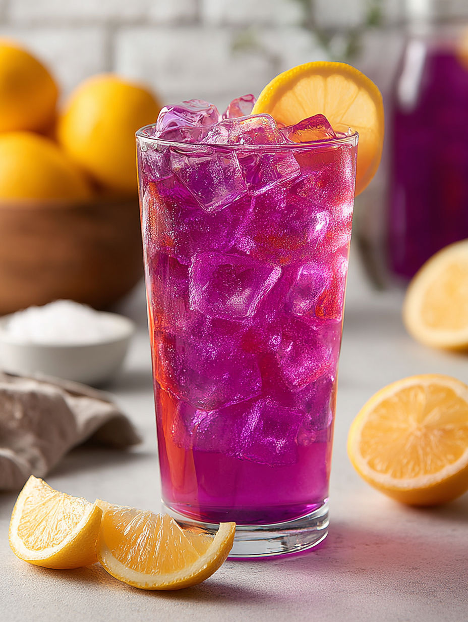 A glass of purple drink with lemon slices.
