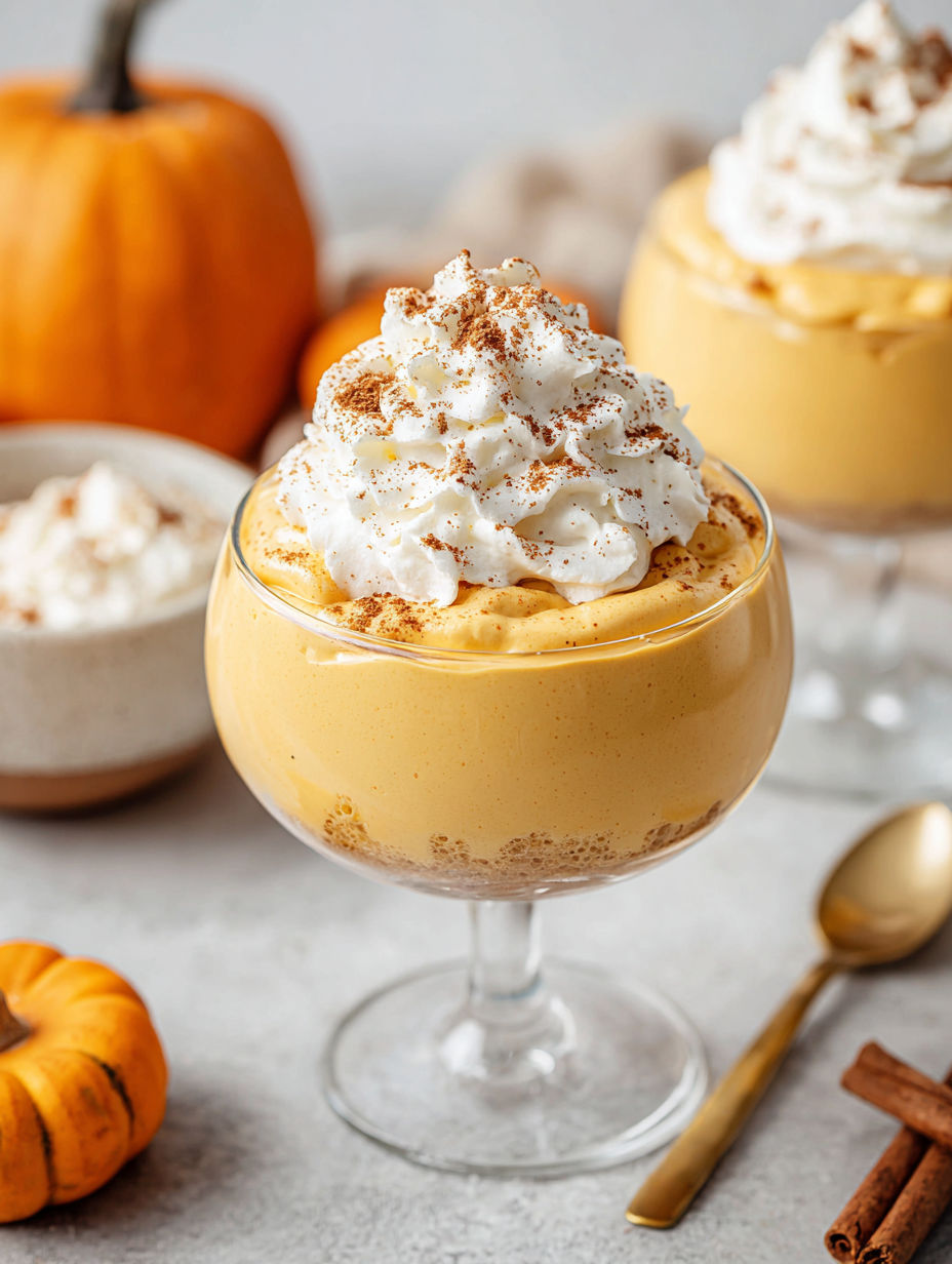 A glass of pumpkin mousse with whipped cream on top.