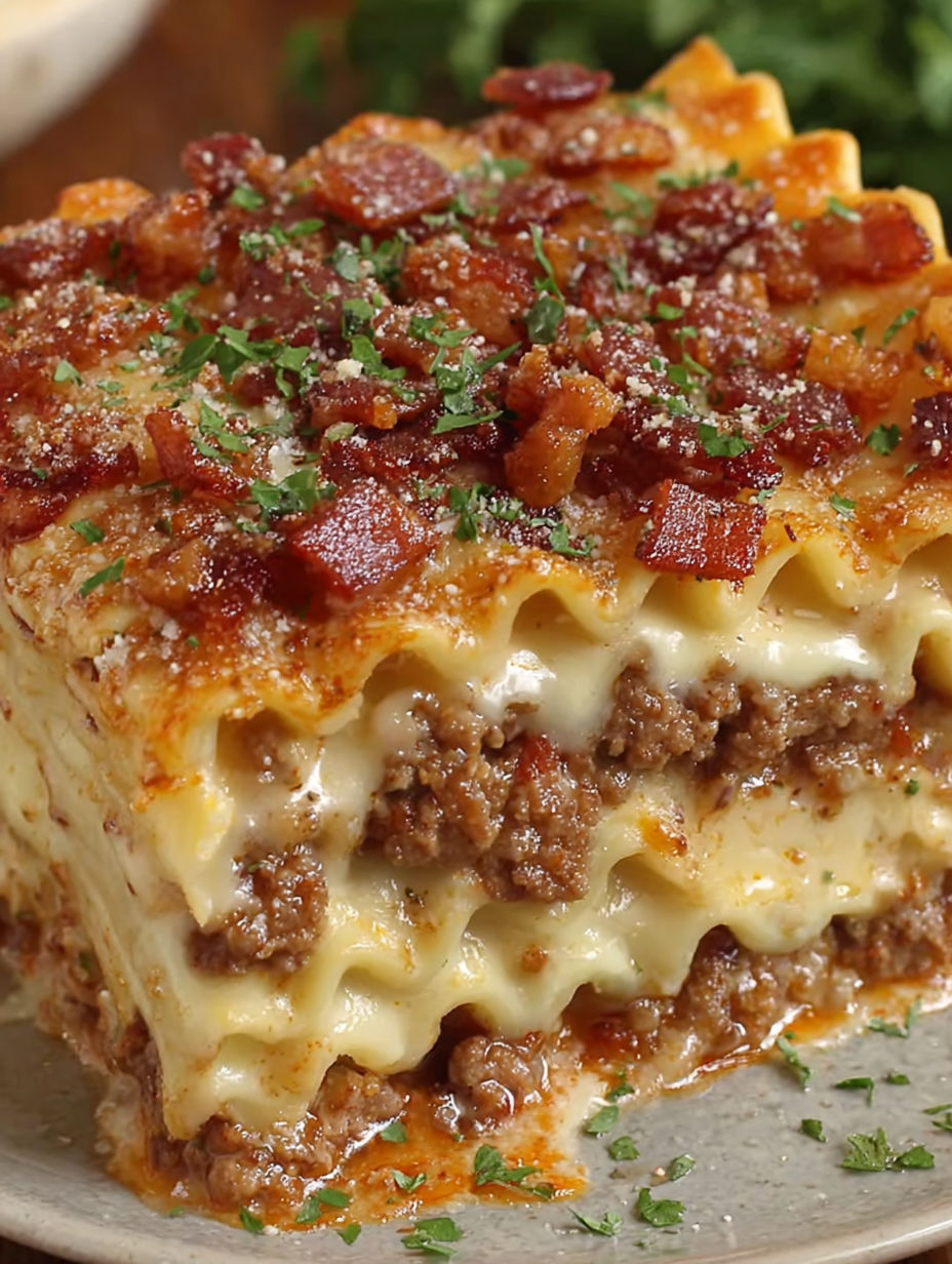 A delicious lasagna with meat and cheese.