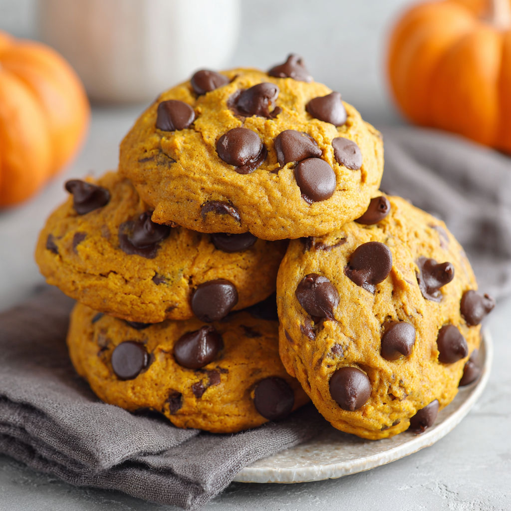 Pumpkin Chocolate Chip Cookies stacked on a plate.