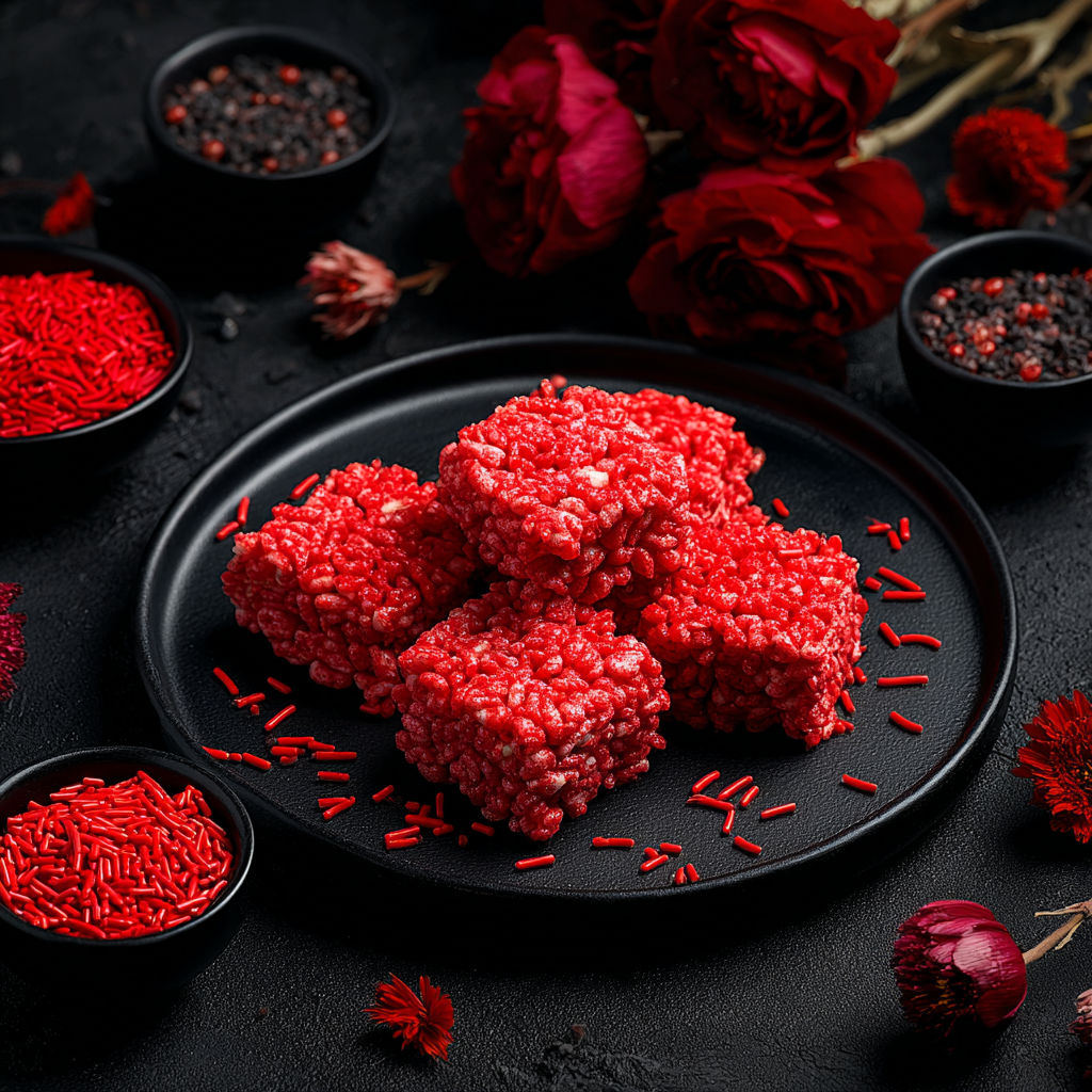 A plate of red rice krispie treats.