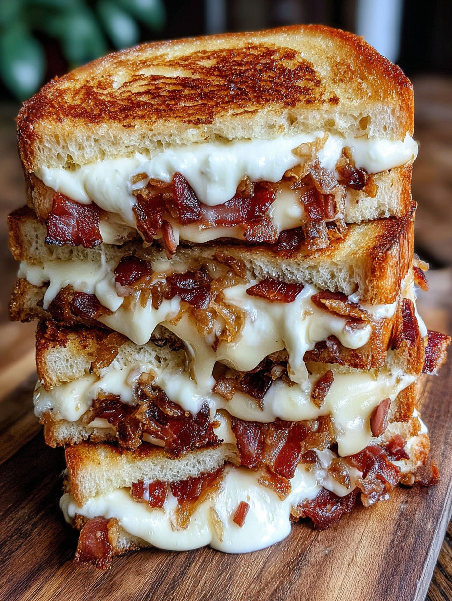 A stack of three sandwiches with cheese and bacon.