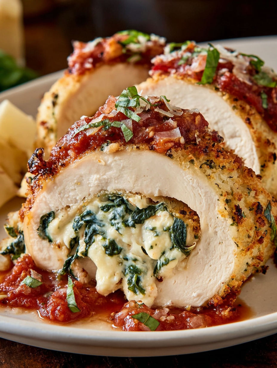 A plate of chicken with spinach and cheese.