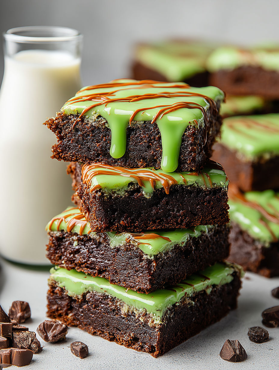 Green Monster Brownies with drizzled caramel.
