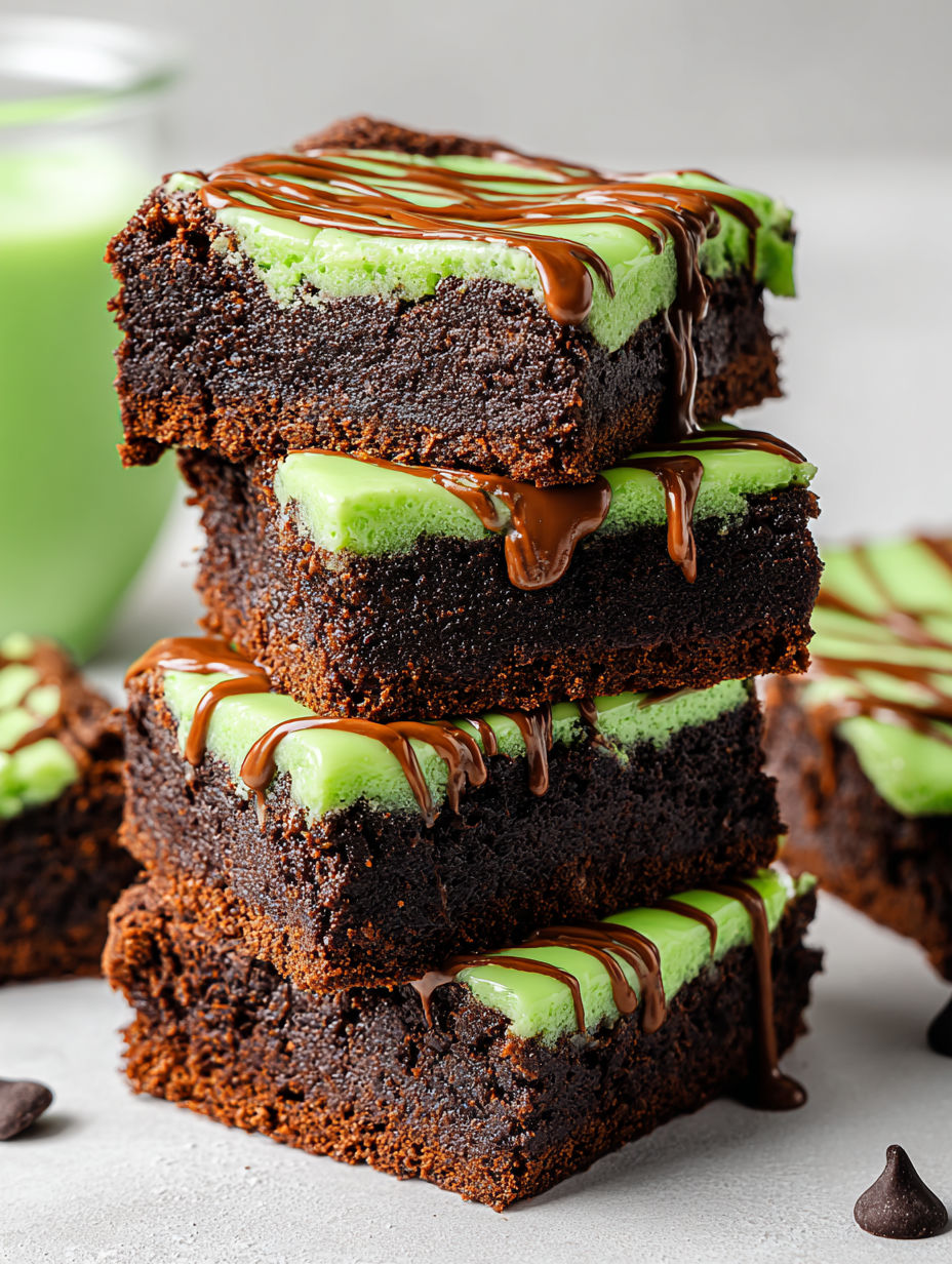Green Monster Brownies with chocolate drizzle.