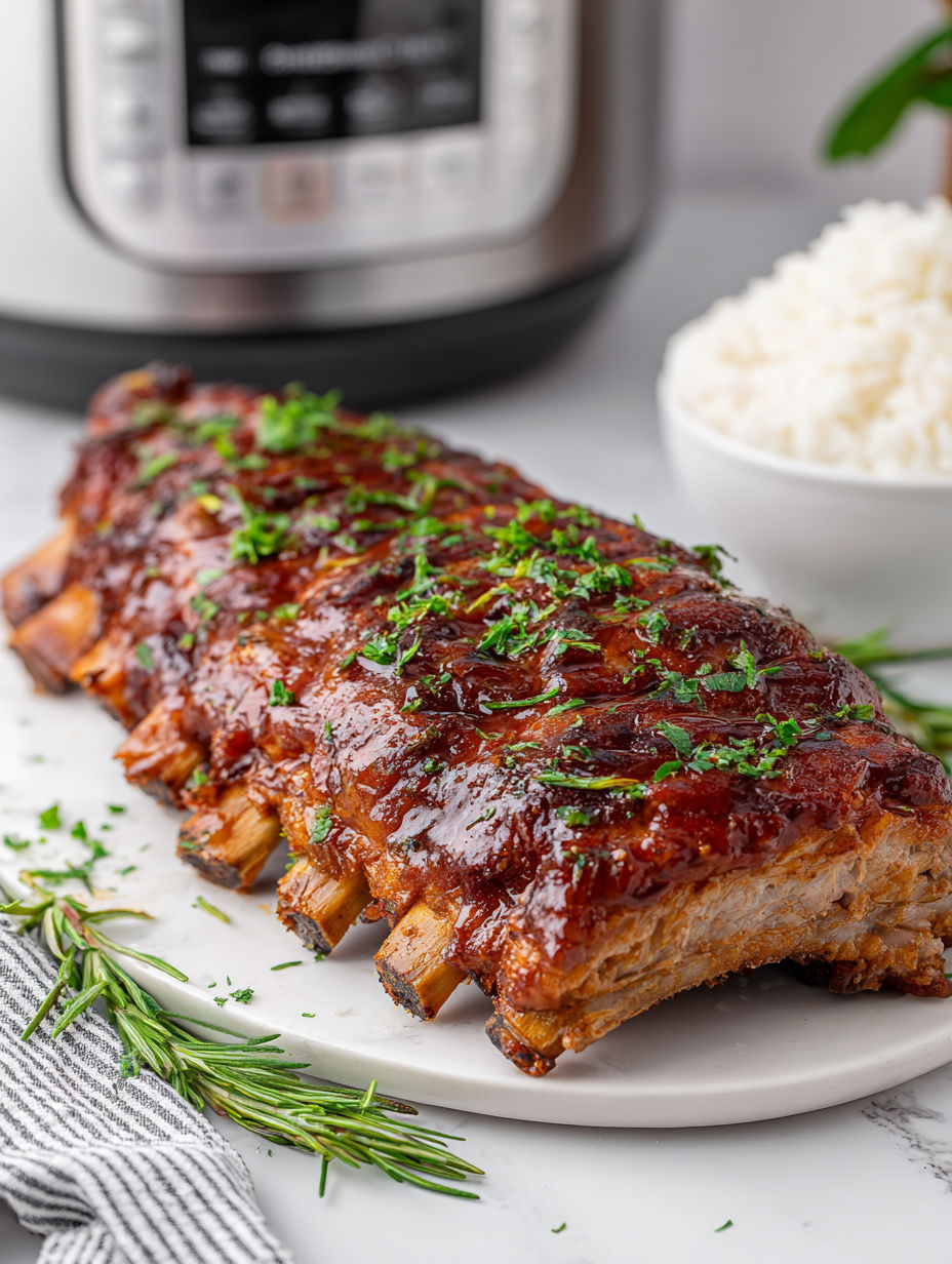 A ribeye steak with BBQ sauce on a white plate.