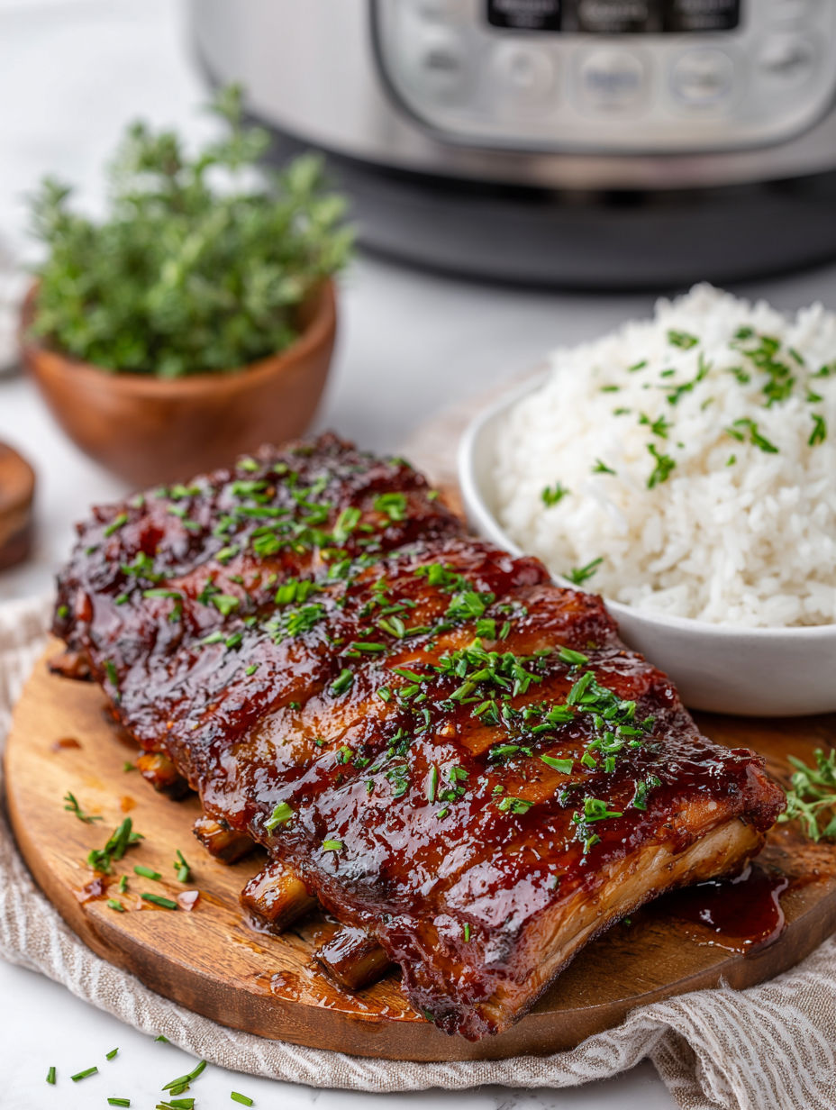 A plate of ribs with rice and herbs.