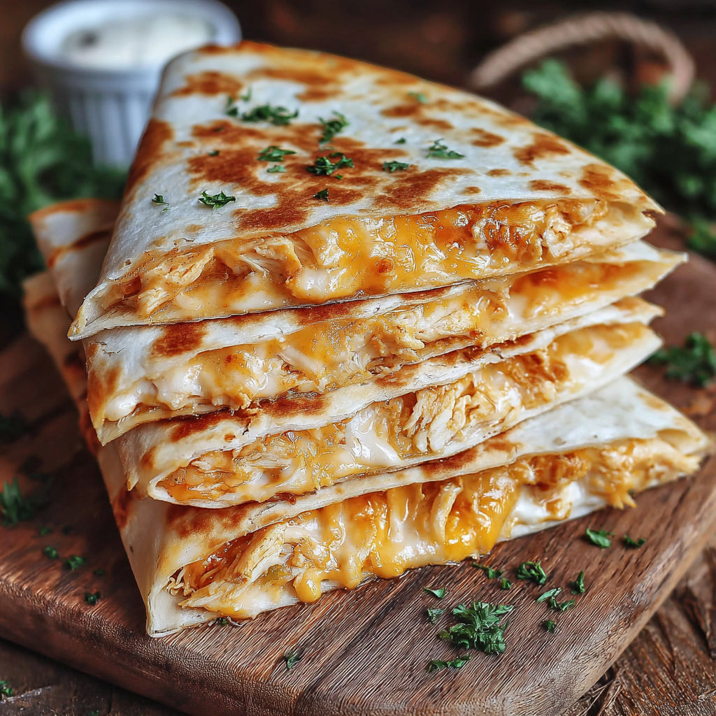 A stack of chicken quesadillas on a cutting board.