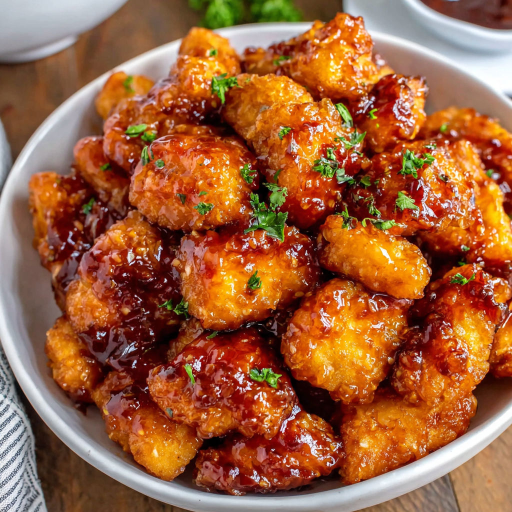 A bowl of orange chicken with a sauce.