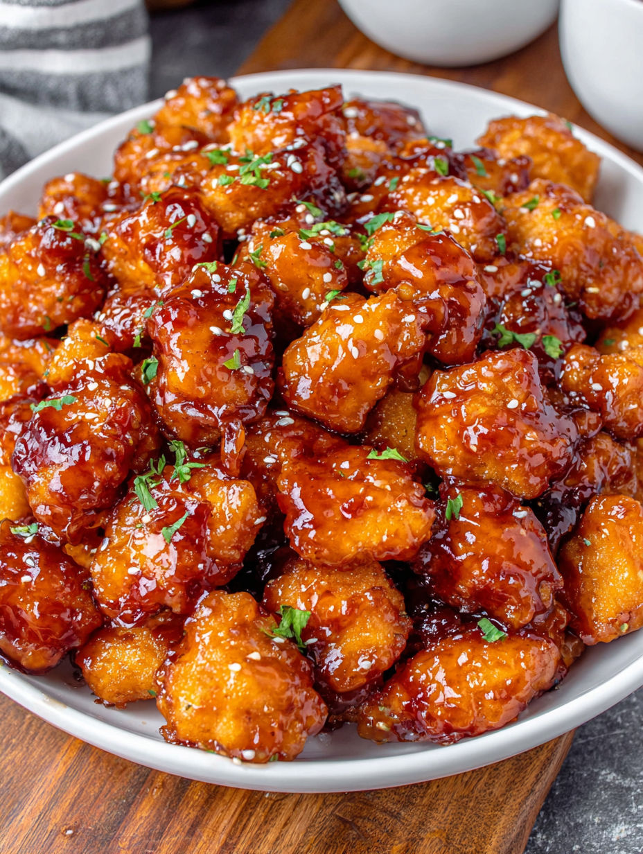 A bowl of orange chicken with sauce.