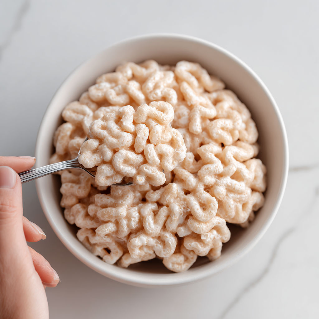 A hand holding a spoon in a bowl of Rice Krispies.