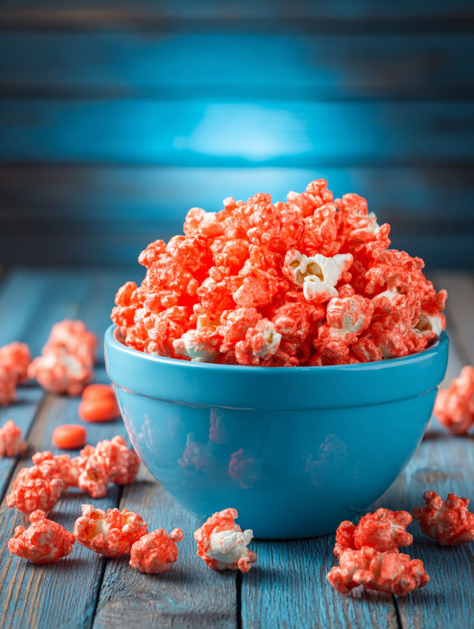 A bowl of red candy-coated popcorn.