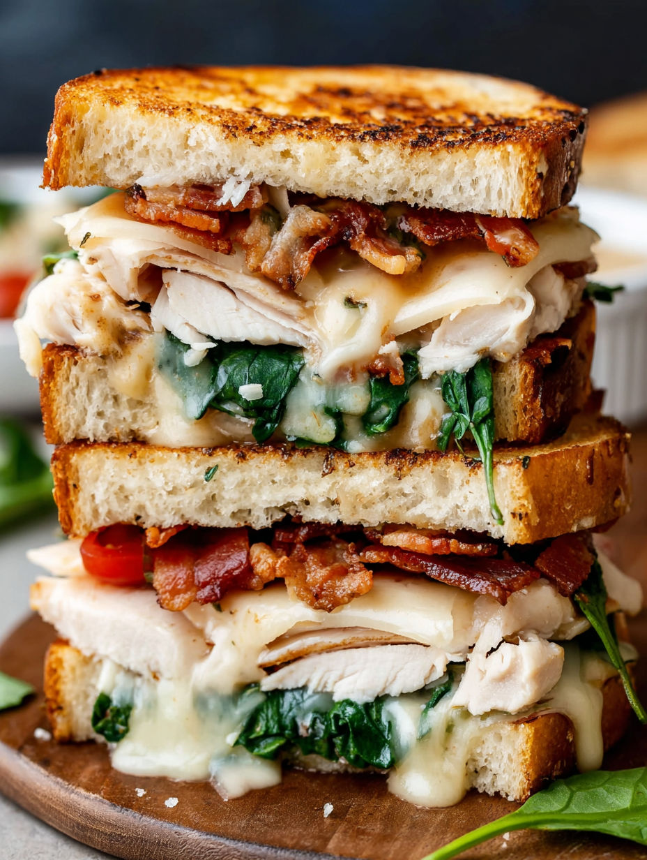 A stack of sandwiches with bacon and cheese.