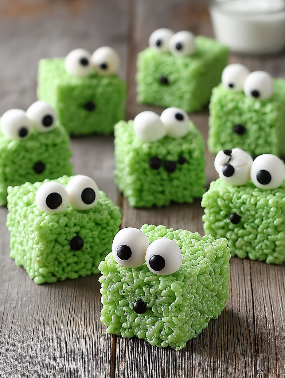 A group of green rice krispie treats with googly eyes.
