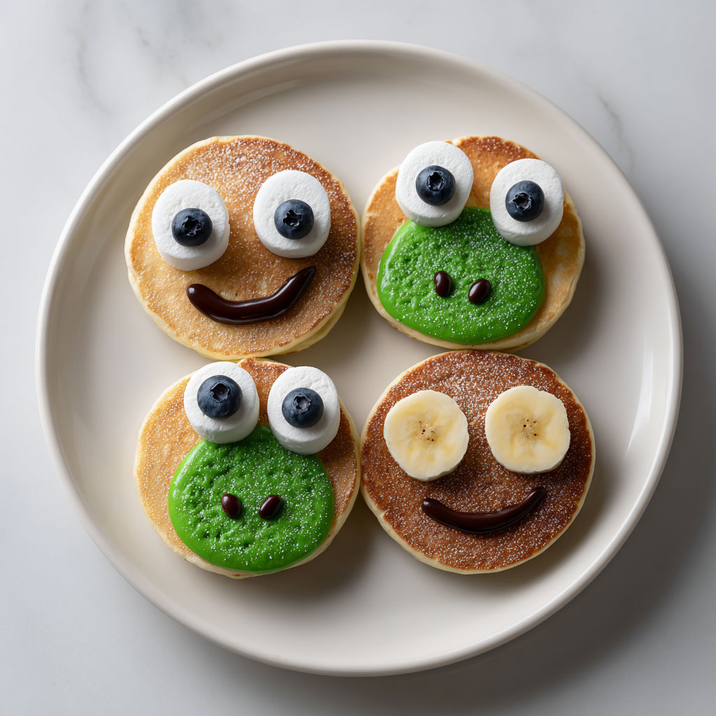 A plate of pancakes with blue eyes and bananas.