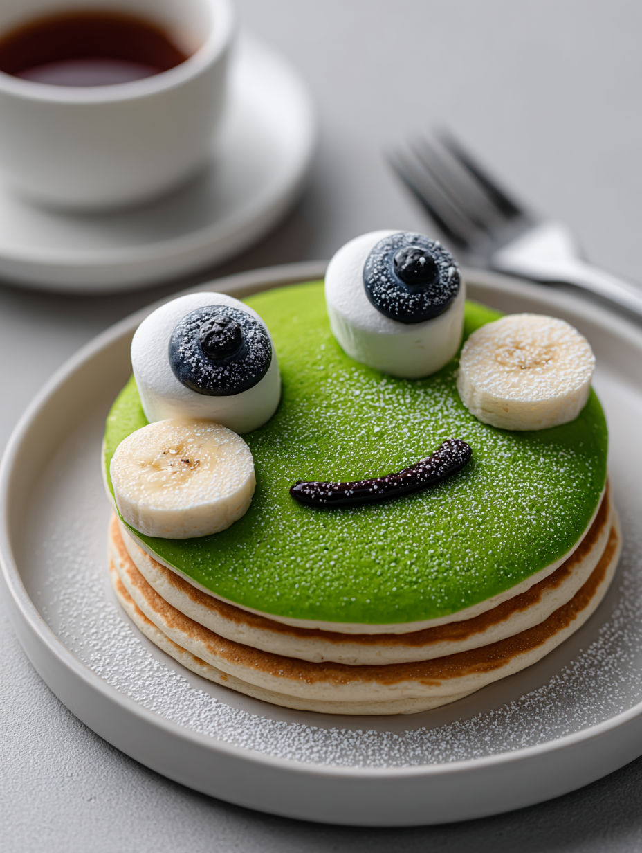 A plate of pancakes with a green face and bananas for eyes.