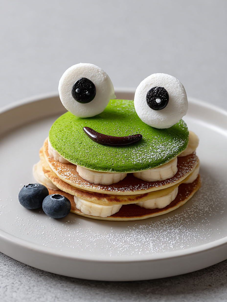 A stack of pancakes with bananas and blueberries on top.