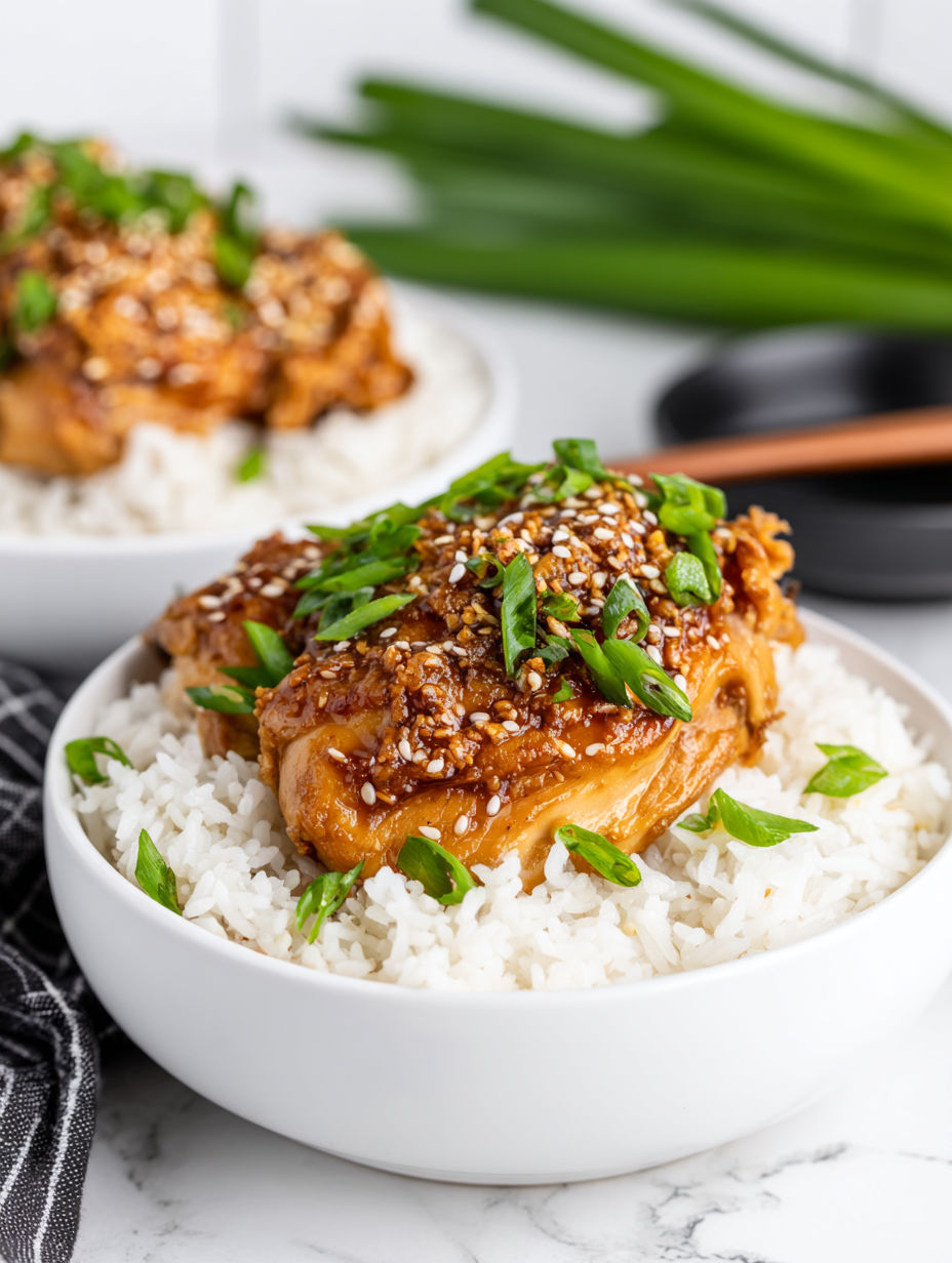 A bowl of rice with chicken on top.