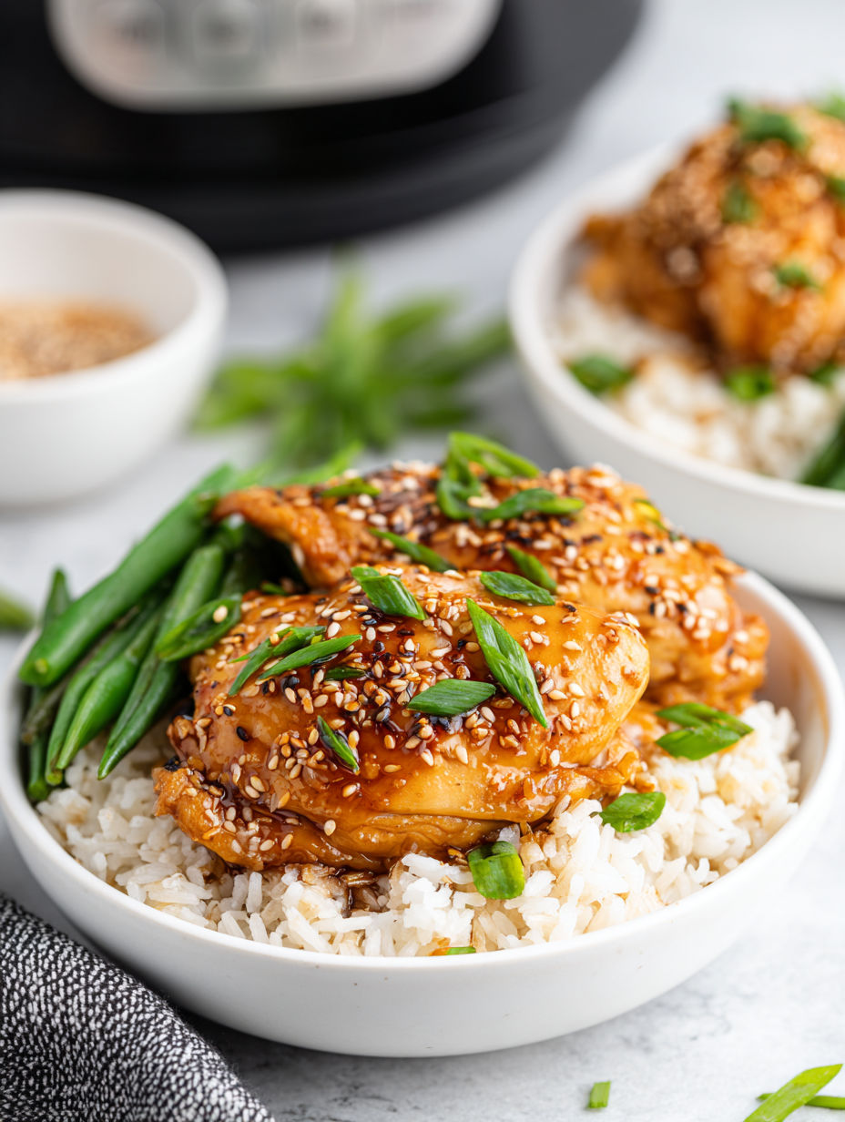 A bowl of rice with chicken and green beans.