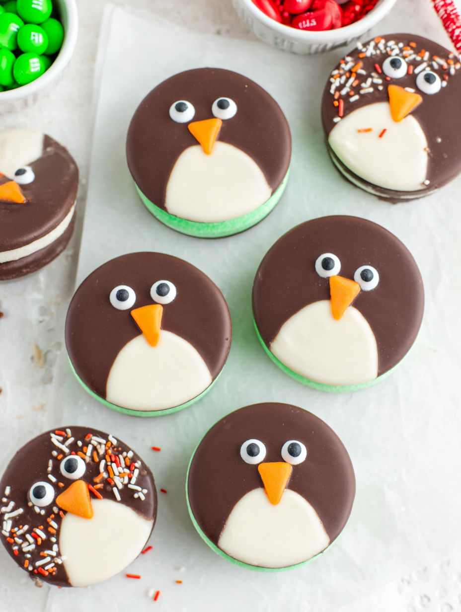 A plate of chocolate and white cookies with eyes and a beak.