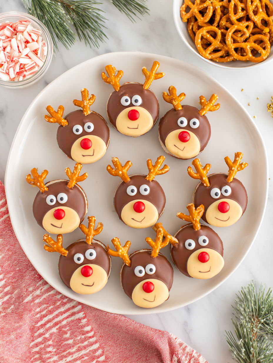 A plate of chocolate covered cookies shaped like reindeer.